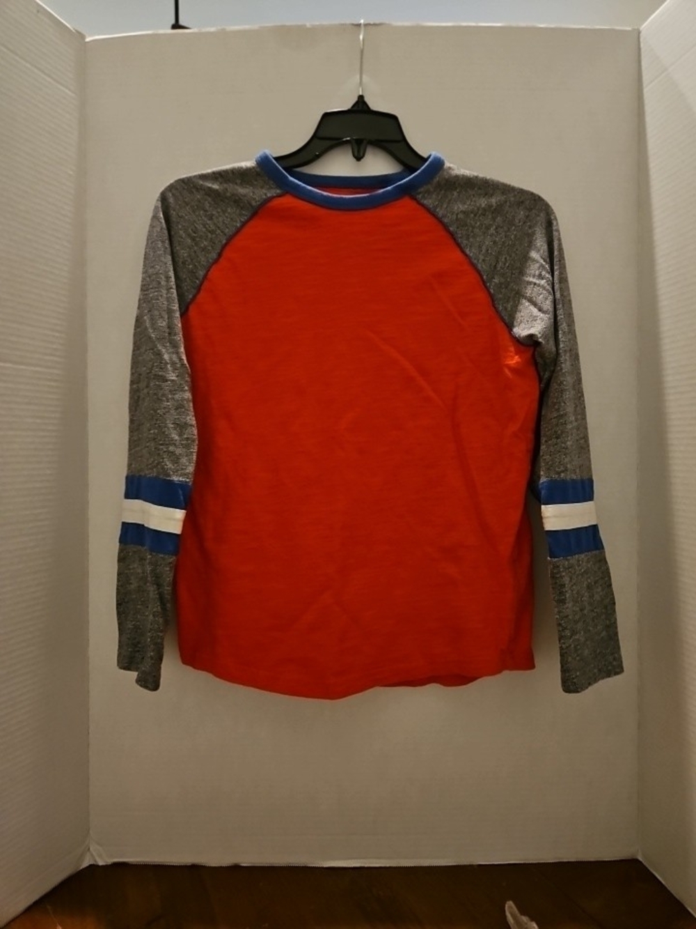Boden Orange Raglan Long Sleeve Top with Gray Sleeves and Blue Trim